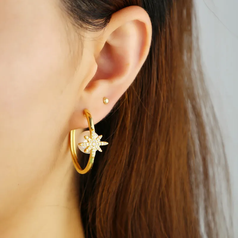 

Gold gold big hoop earrings setting white round pearl delicate star snowflake CZ stone for women Gorgeous fashion charm jewelry