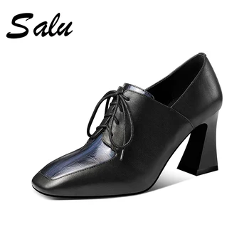 

TXCNMB 2020 High Heels Women Pumps Natural Genuine Leather Thick Heel Loafers Shoes Real Leather Square Toe Shoes Ladies wedding