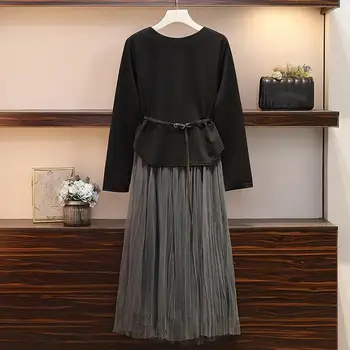 

Autumn Black Long Sleeve Asymmetrical Mesh Two Piece Set Elastic Waist Pleated Plus Size Two Piece Outfits