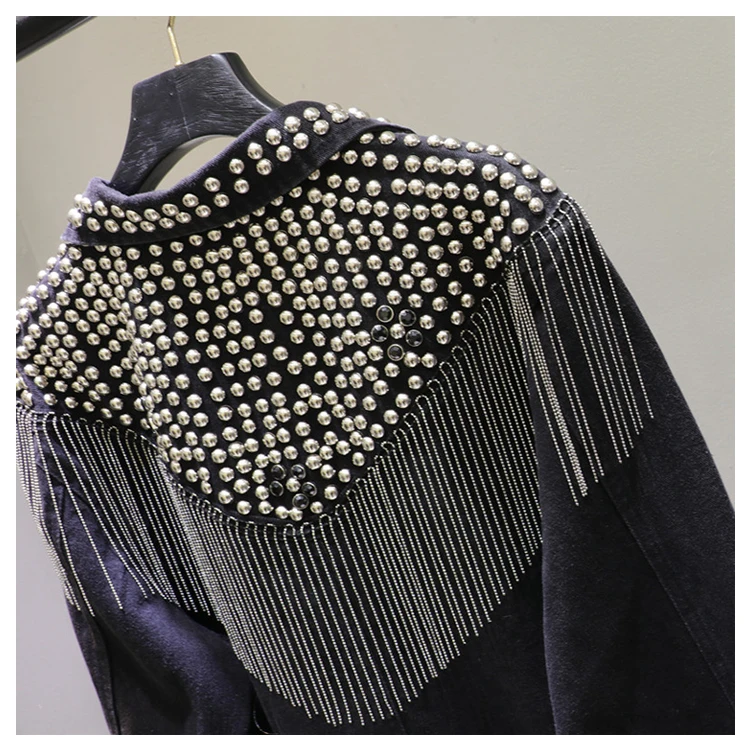Chaquetas Mujer, осень, уличная одежда, джинсовая куртка для женщин, ручная работа, заклепки, кисточка, цепь, короткая джинсовая куртка, свободные черные пальто