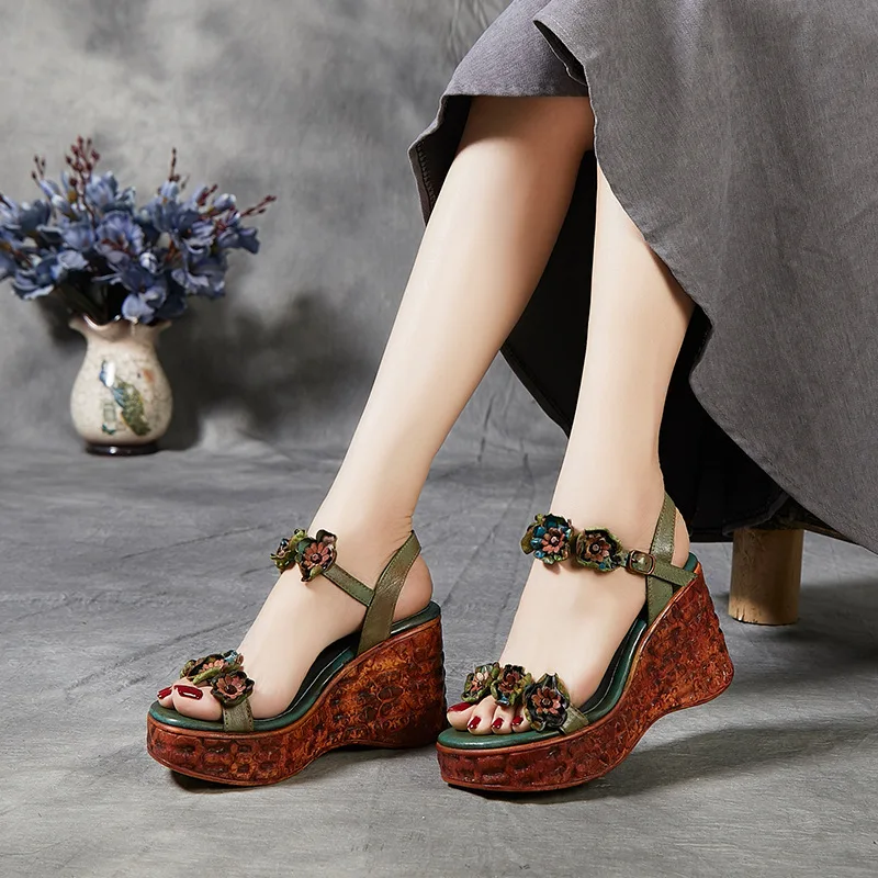 

2019 New Style Hand-rub Color Thick Bottomed Platform WOMEN'S Sandals round-Toe Retro Sandals Flower Sandals Women's