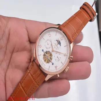 

PARNIS 43mm Luxury Rose Gold Case Sapphire Glass Automatic Men's Watch Brown Leather Strap Round Men's Watch