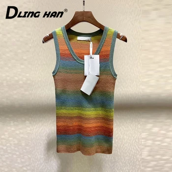 

LINGHAN Fashion Embroidery rainbow Striped Wool knitting T-shirt All-match O-Neck Slim Casual Tops Designer Spring Summer New
