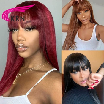 

99J Burgundy Lace Front Human Hair Wigs With Bangs Straight Natural Color Brown #6 13X4 Lace Wig For Women