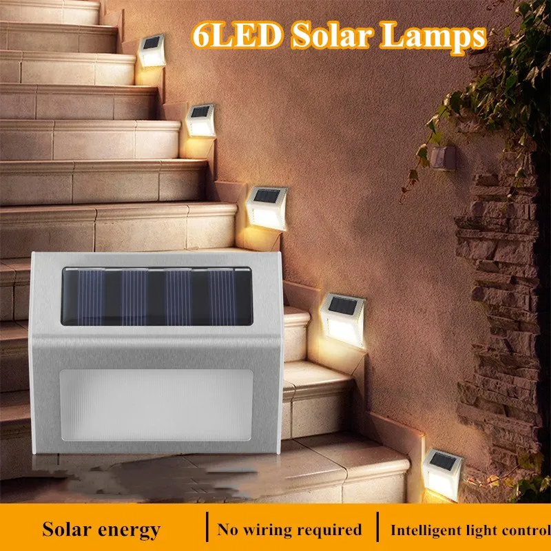 

6 LEDs Outdoor Wall Light Modern Solar Powered Lamp With Smart Lighting Sensor IP65 Waterproof For Outside Stairs Pathway Garden