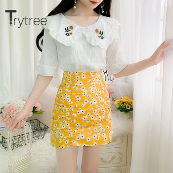 

Trytree 2020 Summer Women two piece set Peter pan Collar Embroidery Tops + Skirt Print Small daisies Folds Fashion 2 piece Set