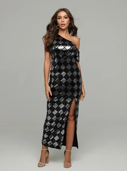 

Summer Women Fashion Black Bandage Dress 2019 Bodycon Dress Female One Shoulder Sequins Plaid Mesh Party Long Dress Vestidos