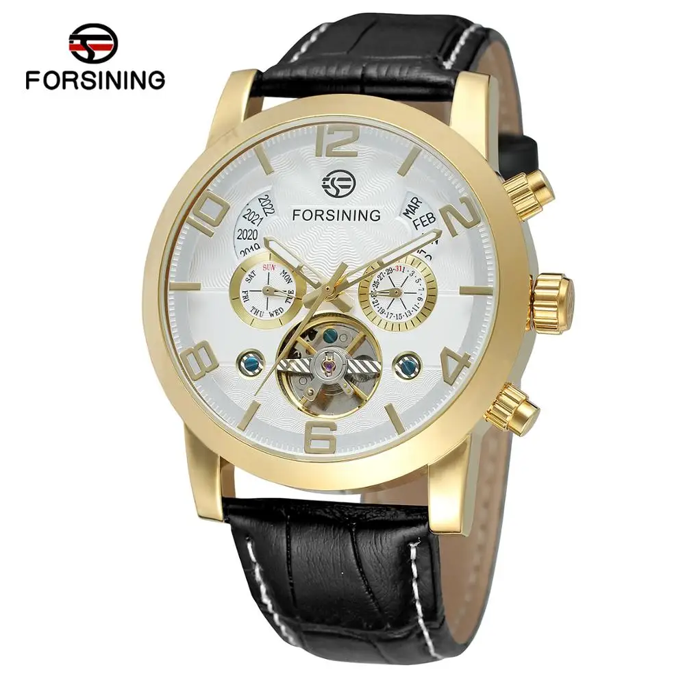 

Forsining Brand Tourbillion Fashion Watch Gold White Clock Multi Function Display Mens Leather Automatic Mechanical Watches