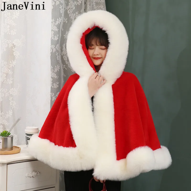 JaneVini White Red Faux Fur Bridal Wrap Winter Wedding Women Hooded Shawl Fur Stole Shrugs Cloak Fausse Fourrure Blanche Mariage