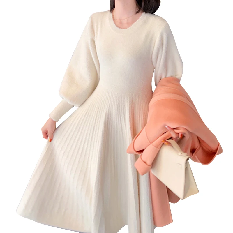 GALCAUR корейское шерстяное женское платье с круглым вырезом и пышным длинным рукавом, туника с высокой талией, плиссированные женские платья средней длины, модная новая одежда