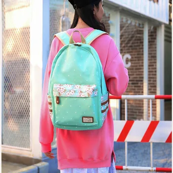 

New Environmentally Friendly Middle School Student Bag Canvas Dotted Print Backpack Women's Floral Backpack