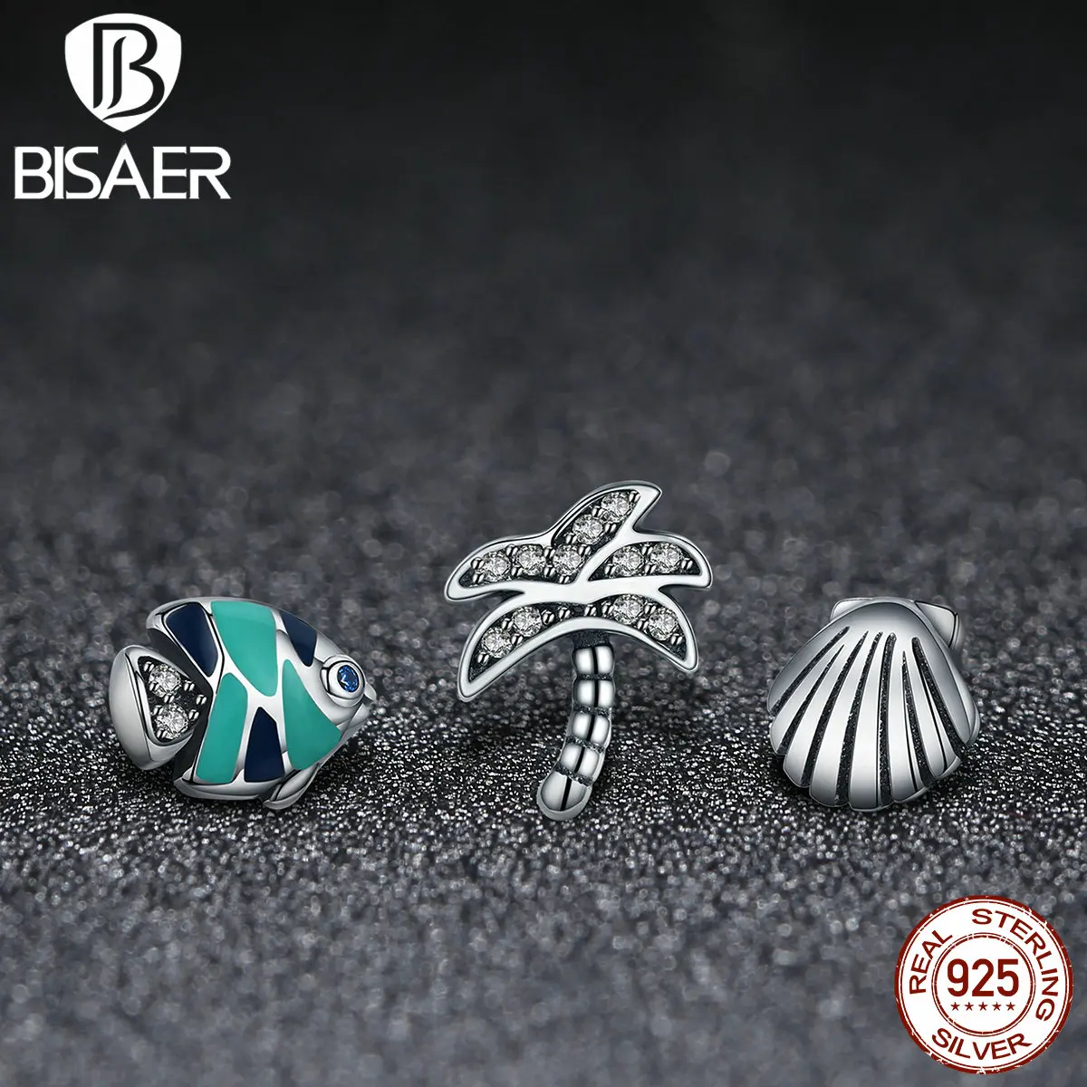 BISAER 925 пробы Серебряное пальмовое дерево Морская ракушка красочная рыба
