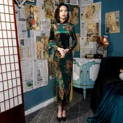 Sheng Coco, большие размеры, L-5XL, длинные платья, платье Чонсам с длинным рукавом, цветочный велюр, китайское платье, Дамский воротник-мандарин