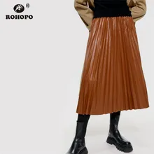 ROHOPO/кожаная юбка с завышенной талией, большой расклешенный подол, плиссированная гармошка, однотонная искусственная кожа, миди юбки, эластичная талия, Falda#1410
