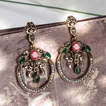 

Wbmqda Fashion Gold Big Drop Earrings For Women Hollow Flower Mosaic Red Crystal Vintage Wedding Earrings Gift Turkey Jewelry