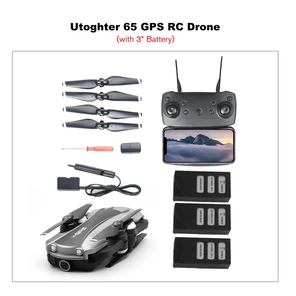 

Utoghter 65 GPS RC Drone WIFI 1080P HD Camera Remote Control Aircraft Headless Mode Helicopter Drones w/ 2000mAh Lipo-Battery