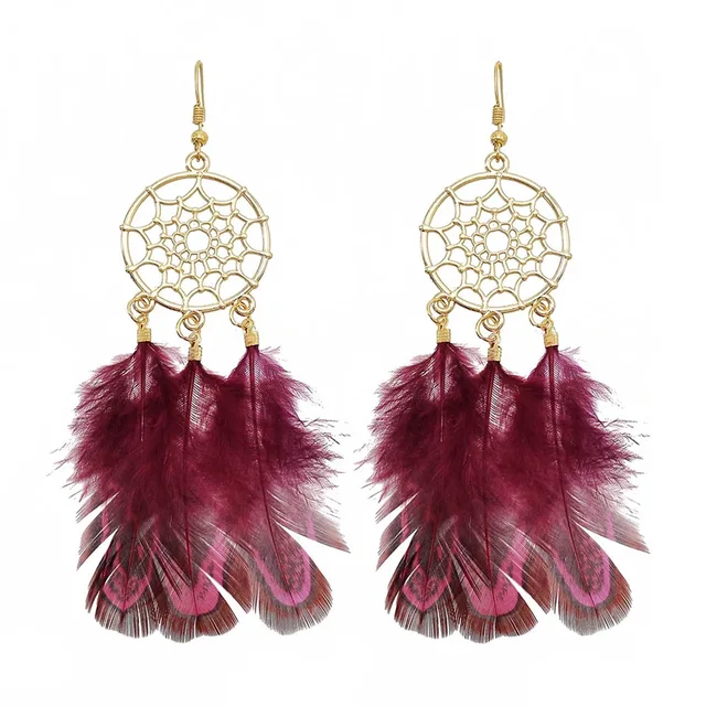 Fancy Hollow Dream Catcher Leaf Feather Shiny Crystals Drop Dangle Earrings For Women Party Jewelry Korean Hanging CZ Earrings Fuchsia