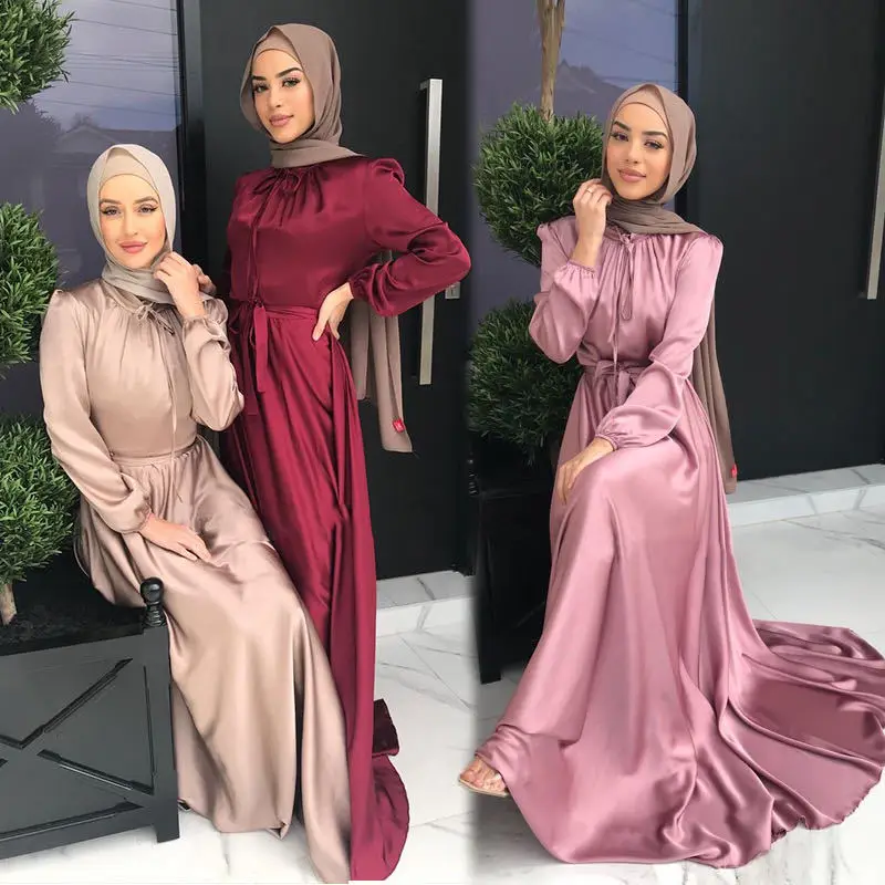 

Ramadan Eid Abaya Celebrities Soft Waist Dress Dubai Turkey Middle East Elegant Satin Longuette Belt Shirt Muslim Clothing