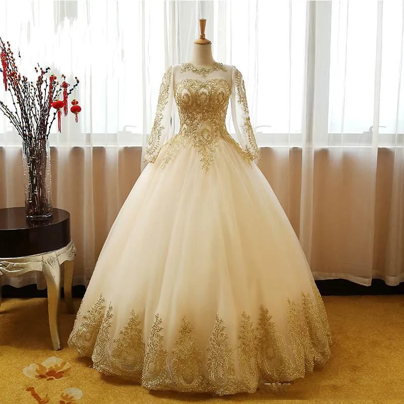 Vestido de Novia бальное платье Бальные платья Золотое кружево милые 16 платья сексуальные прозрачные шеи с длинным рукавом vestidos de 15 avienos - Цвет: same as image