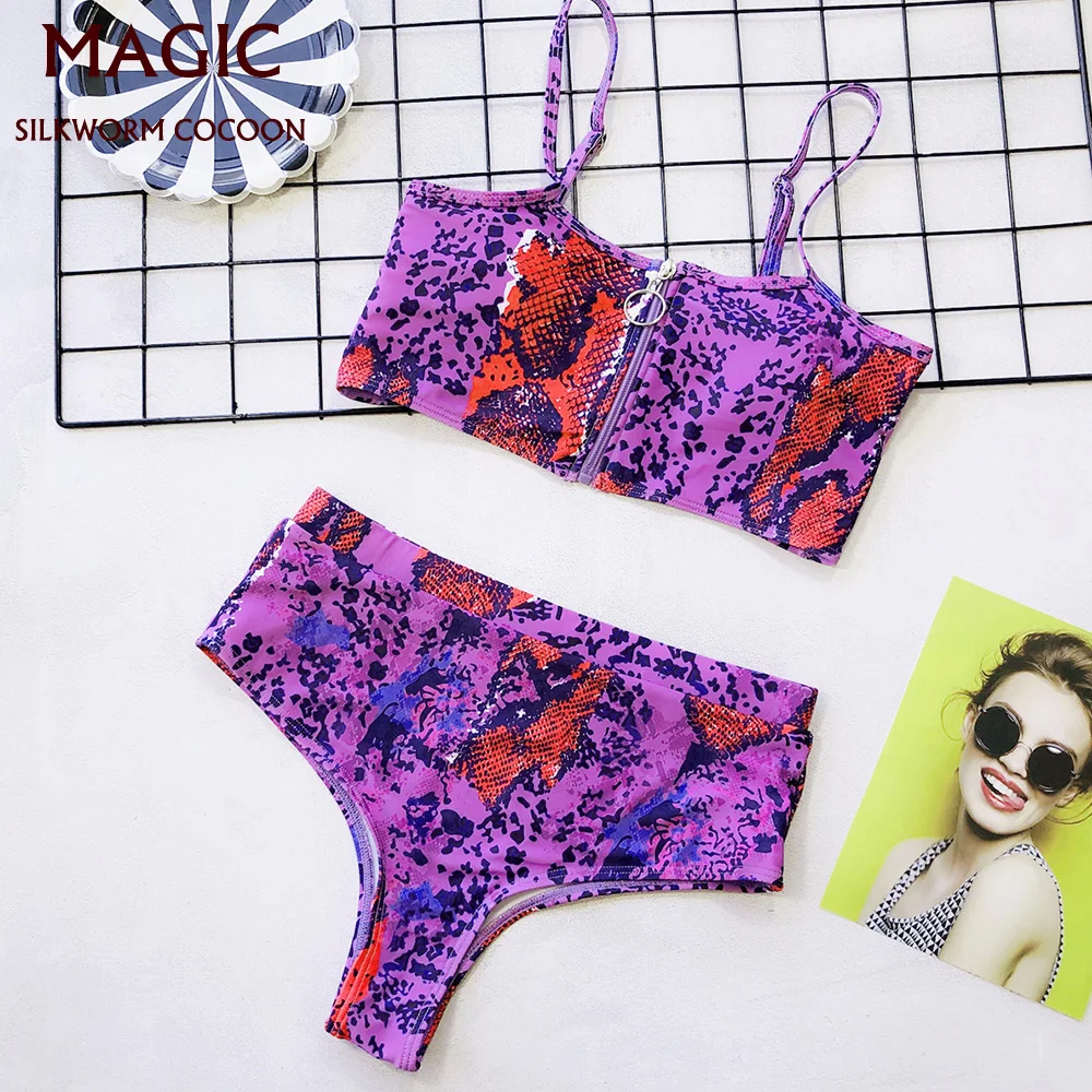 

Women High Waist Bikini Swimsuit Zipper Push Up Bathing Suit Vintage Print Two Piece High Waist Bandeau Swimwear Swimming Suit