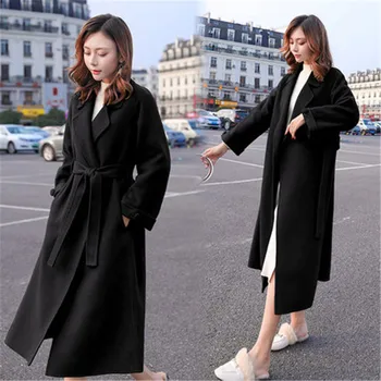 

2020 NEW High quality Black Woolen Clothes Autumn Winter Coats fashion belt Wool Jackets Cocoon Long Overcoats V1053