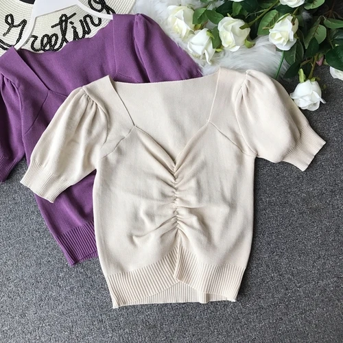 Apricot Футболка с коротким рукавом, женские короткие топы, простые однотонные трикотажные рубашки, свободные топы с v-образным вырезом и коротким рукавом F053 - Цвет: Apricot