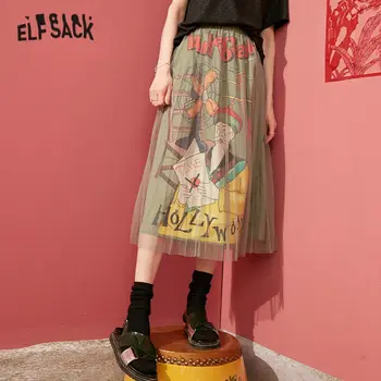 

ELFSACK Green Original Graphic Print Contrast Mesh Women Long Skirts 2020 Spring Elegant Black A Line Ladies Daily Pleated Skirt