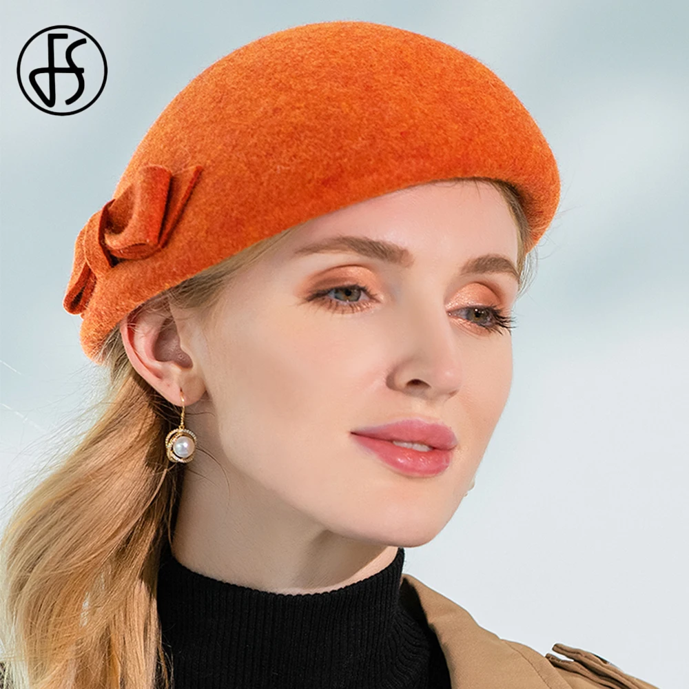 FS 2021 Women Girl Beret Cap British France Wool Felt Winter Hat Bow