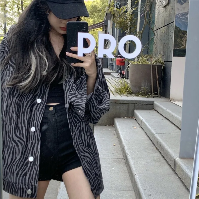 

2020 Autumn New Zebra-Stripe Striped Jeans Coat Korean Style BF Street Jacket