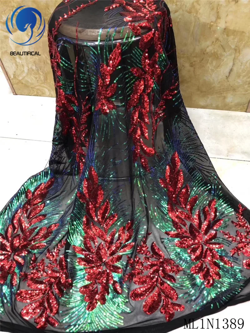 

Beautifical african lace fabrics Latest fashion french net lace embroidery sequins 5yards tulle lace fabric for dress ML1N1389