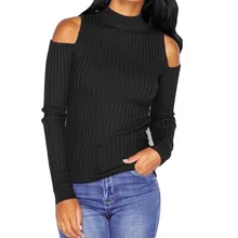 Женский свитер без бретелек, осенняя мода, однотонный цвет, водолазка, длинный рукав, вязаный пуловер, тонкий свитер