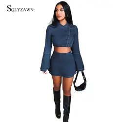 Женский винтажный синий джинсовый комплект из двух предметов, уличная одежда, Раздвоенная вспышка, короткий топ с рукавами + мини-юбка