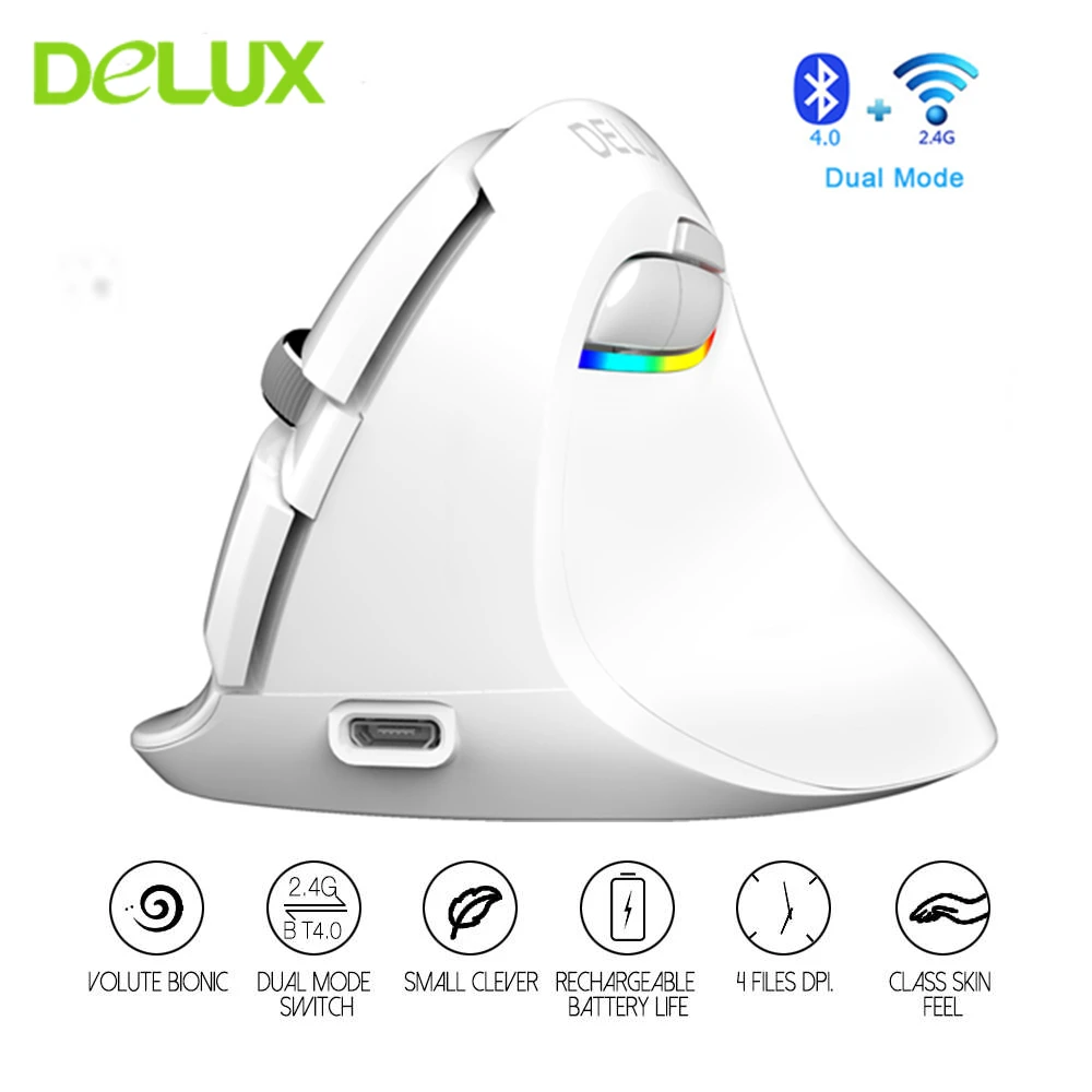 

Delux M618 Mini Wireless Bluetooth Vertical Mouse Silent Optical Gaming Mause 2400DPI Ergonomic Rechargeable Computer Gamer Mice