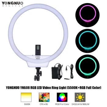 

YONGNUO YN608 RGB LED Video Light Photography Video Ring Light 5500K+RGB Full Color with Remote Controller for Live Video Selfie