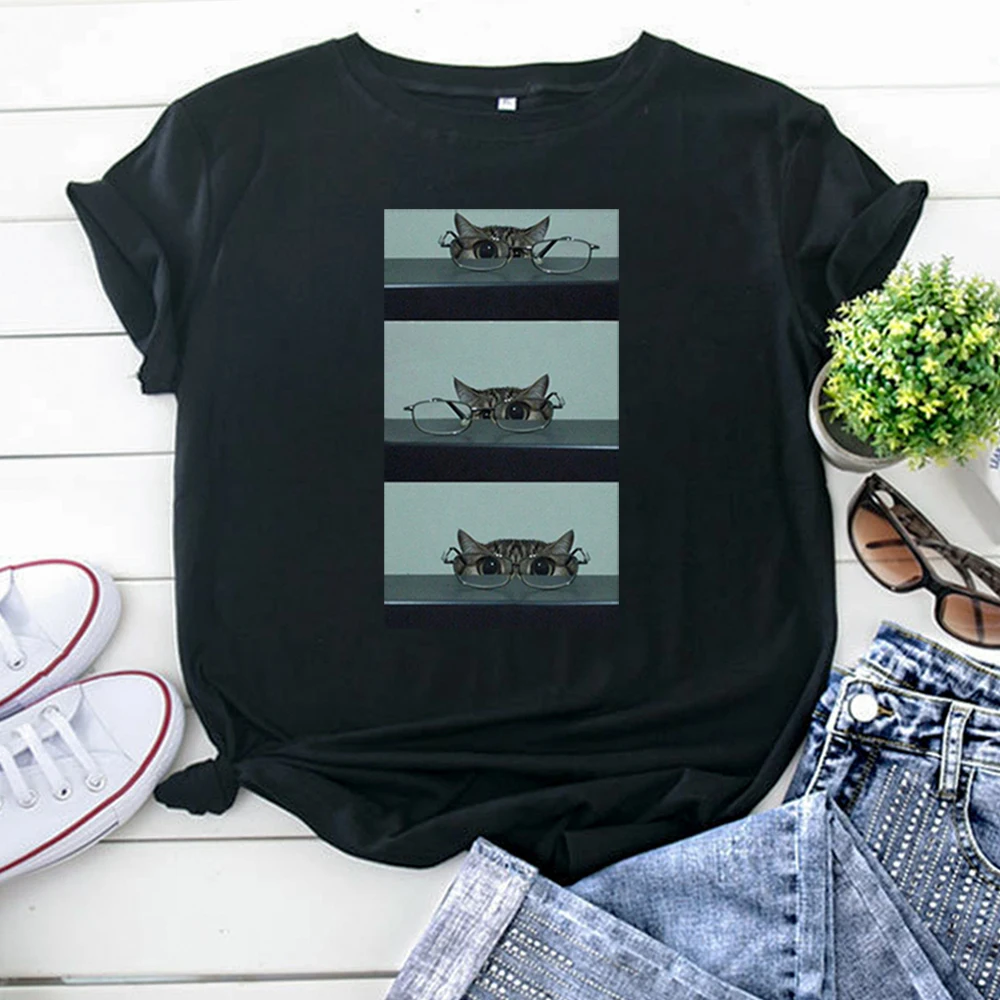 Tshirt For Woman Cute Cat Wearing Glasses Funny Print Women T Shirt Goth Korean Style Womens T-Shirt Harajuku Fashion Clothes