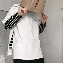 Aluo Базовая Мужская Двухцветная футболка с длинными рукавами и вышитыми буквами INS в полоску для мужчин и женщин