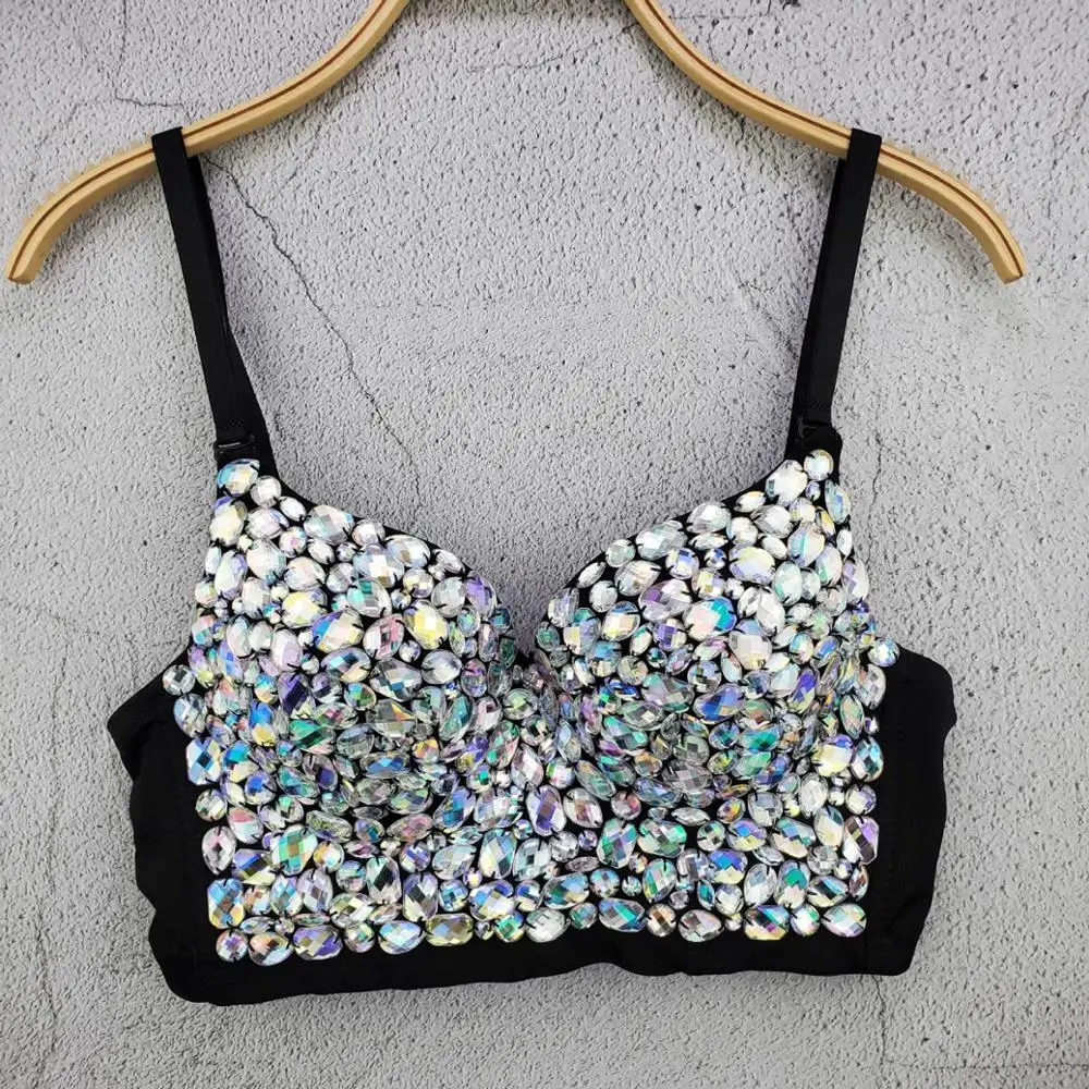 IRENE TINNIE Handmade Shiny Rhinestone Crop Top Shining Tank Top Backless Vest Sexy Bra Party Nightclub  Vest