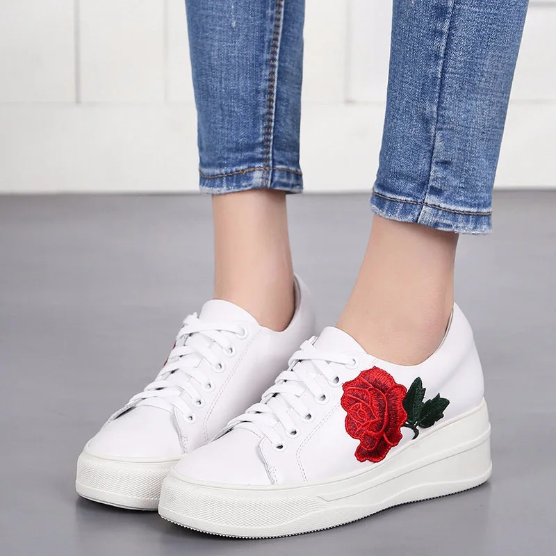 

Embroidery Ethnic-Style England Cowhide Athletic Shoes Genuine Leather Shoes Korean-style Deep Mouth WOMEN'S Casual Shoes Thick