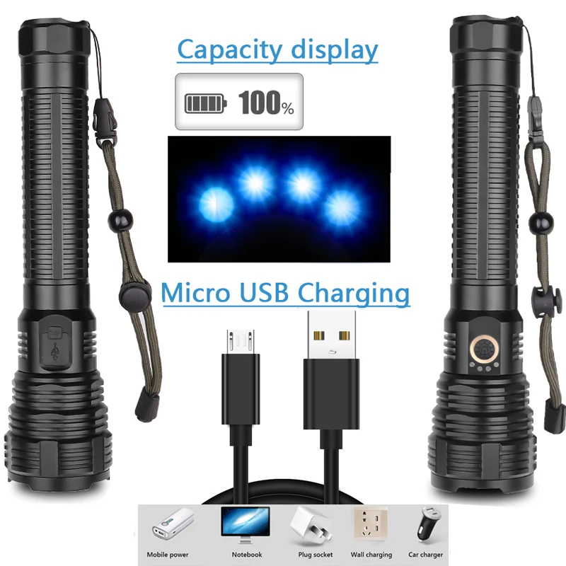 Супер мощный светодиодный фонарик с подзарядкой от USB XHP70 светодиодный фонарь Водонепроницаемый фонарь с зумом с батареей 18650 26650
