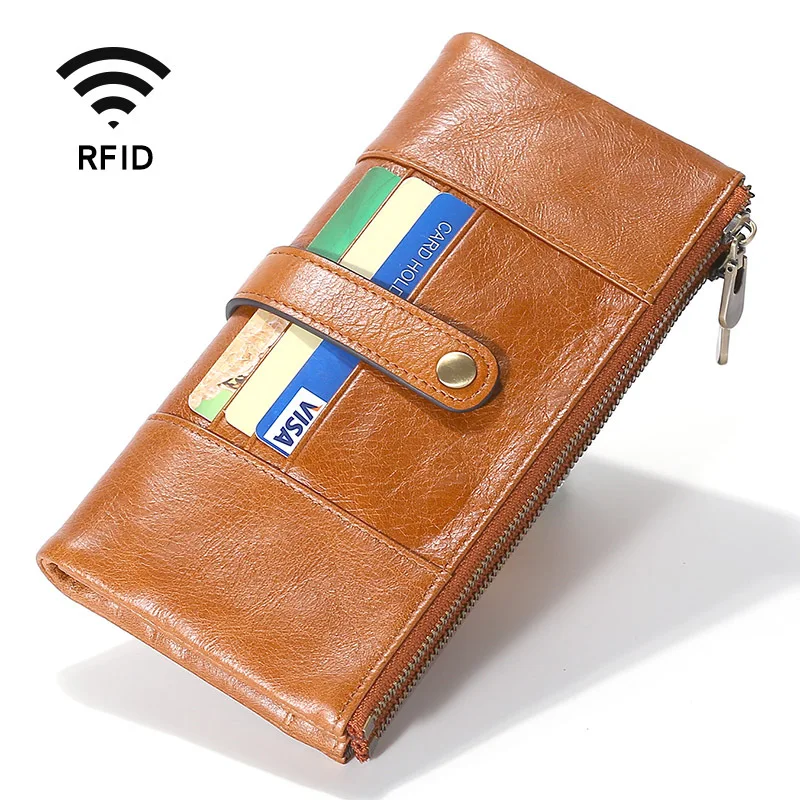 

Popular Design Hot Sale Long Style Oil Waxed Upper Top Grain Cowhide Cow Leather Wallet Fashion Card Holder