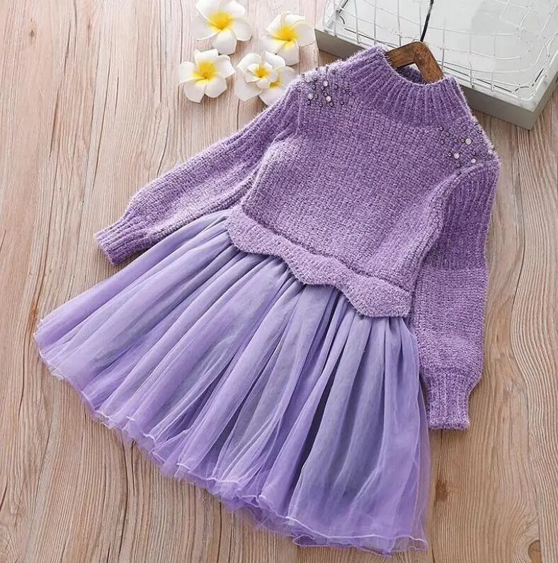 Коллекция года, осенне-зимняя одежда для маленьких детей платье для девочек вязаный свитер Детские праздничные платья принцессы с длинными рукавами для девочек, JW4956 - Цвет: purple baby dress
