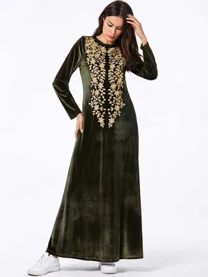 Green dress Abaya Дубай плюс Размер Утолщаются бархат теплый фиолетовый мусульманское длинное платье зима кафтан осень хиджаб/кафтан Elbise черный арабский халат - Цвет: Green dress