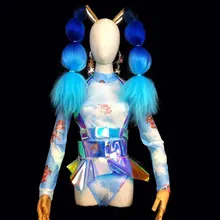 Сценический костюм с 3D принтом, женский костюм для ГОГО танца, головной убор для бара, Рейв, певица, ведущая танцевальная одежда для ночного клуба, голографическая одежда