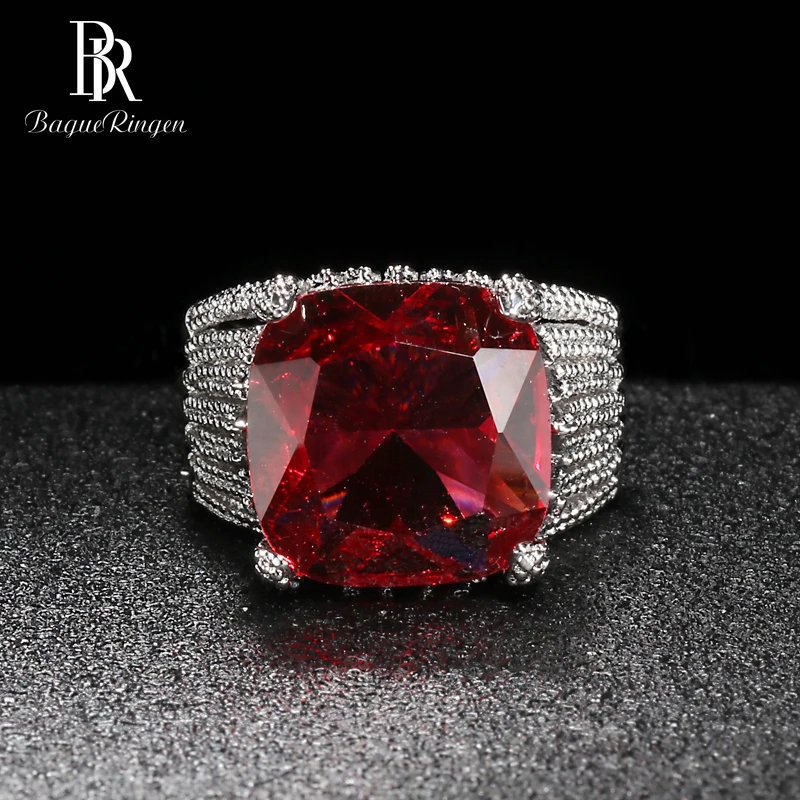 Bague Ringen, роскошное рубиновое кольцо для женщин, геометрическое классическое серебряное 925 ювелирное изделие, большие драгоценные камни, для банкета, королевы, размер 6, 7,8, 9,10 Вечерние - Цвет камня: Красный