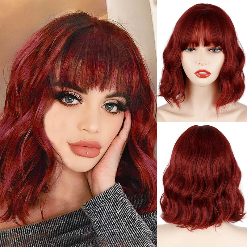 Beauty Bob corto-Peluca de cabello sintético ondulado con flequillo para mujer, longitud hasta el hombro, color rojo vino, fibra resistente al calor, Cosplay