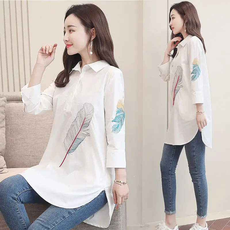 100% Cotton Plus size Feather Embroidery White Long Blouse Women 3/4 Sleeve Art Loose Ladies Office Work Tops Button Down Shirts