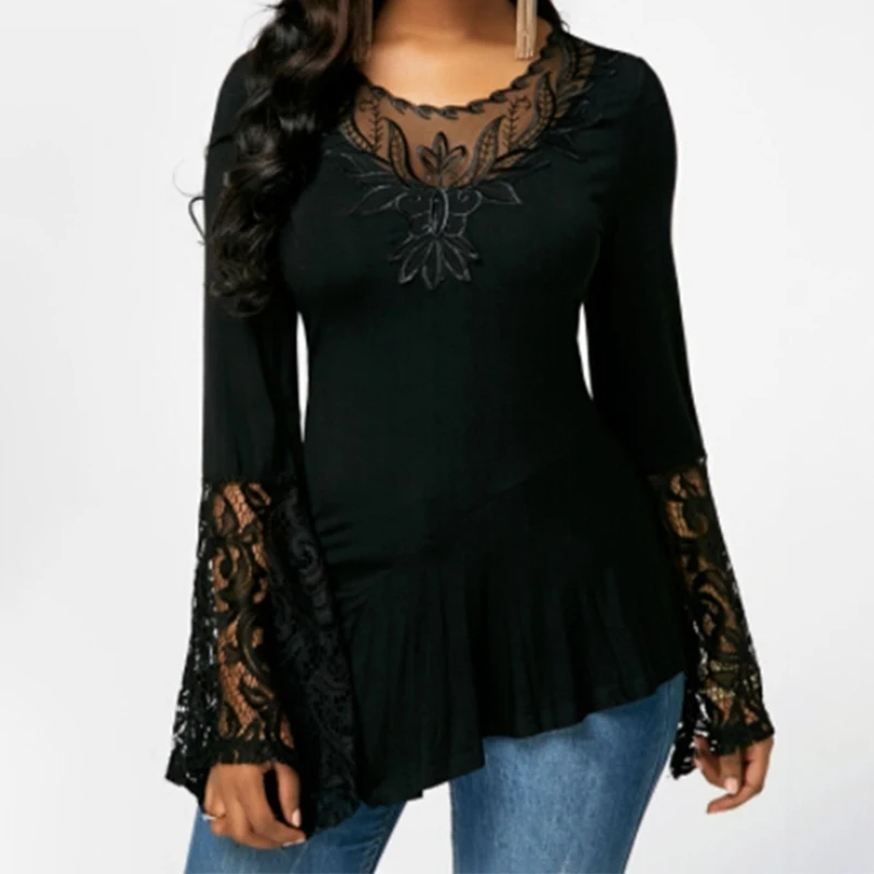  Fashion Lace Blouses Flare Sleeve Shirts For Womens Tops Shirt Plus Size Women Clothes Irregular 20