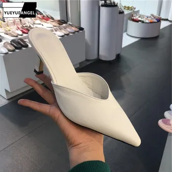 

Summer Shoes Women Pointed Toe Slip On Sandals Pu Leather Office Ladies Thin High Heels Slippers Fashion Sexy Sandals White
