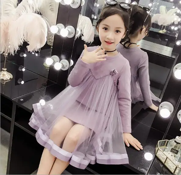 Хлопковые Платья с фатиновой юбкой для девочек весенние детские платья с длинными рукавами корейское Модное детское платье одежда для малышей