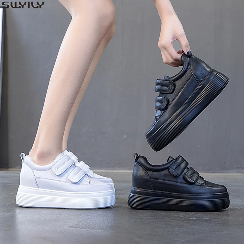

SWYIVY Chaussures Leather Chunky Sneakers Women Hook Loop Spring 2020 Shoes Woman Sneakers Platform White Casual Women's Shoes